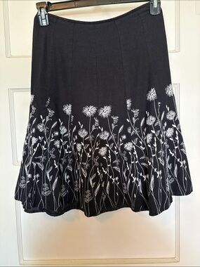 Christopher & Banks Black A-Line Skirt with White Floral Embroidery Size 4